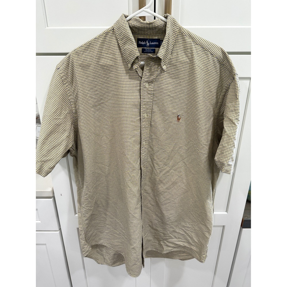 Ralph Lauren Blake Shirt Mens Large Yellow Blue Check Short Sleeve Button Down